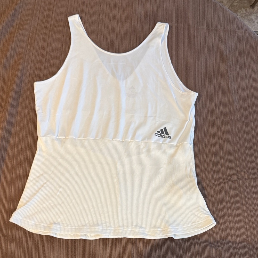 Adidas Women's White Ribbed Tank Top with Logo